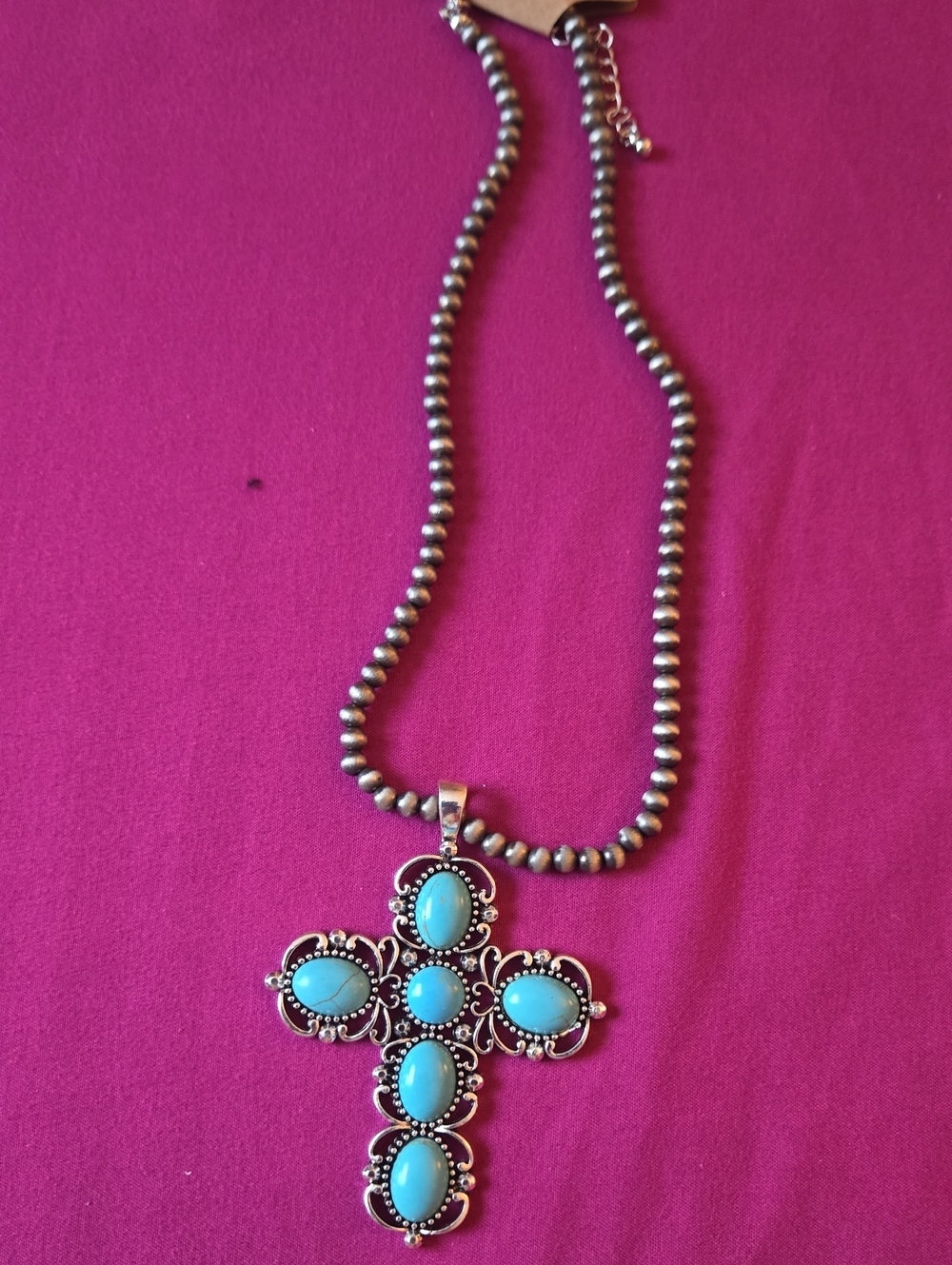 Navajo Like Pearl And Turquoise Cross Pendant Necklace - Western Style